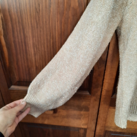 🛍 Loft Shimmer Stitch V-neck Sweater Tan Gold Metallic Knit 601906 Size Medium - Picture 7 of 13